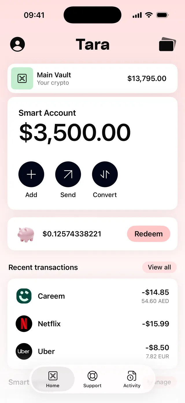 The Smart Account screen in the Tara app: the account balance with Add, Send and Convert actions, cashback ready to redeem, and recent card transactions.